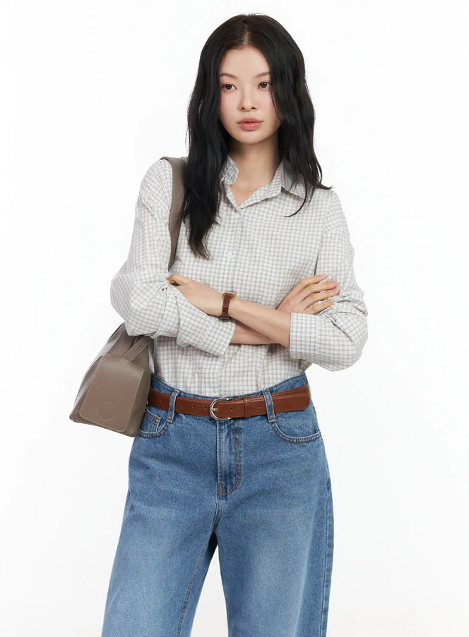 cotton-check-button-shirt-im524 / Light beige