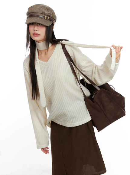 cozy-v-neck-sweater-set-cn521 / Light beige