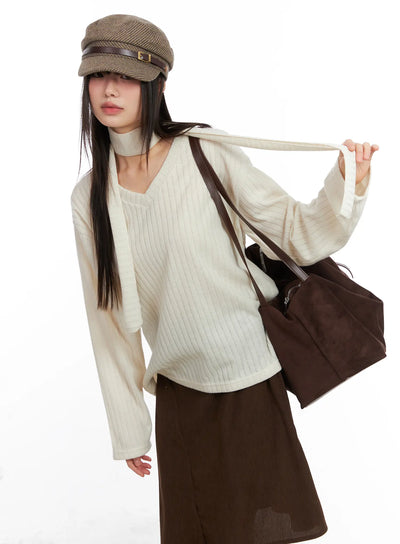 cozy-v-neck-sweater-set-cn521 / Light beige