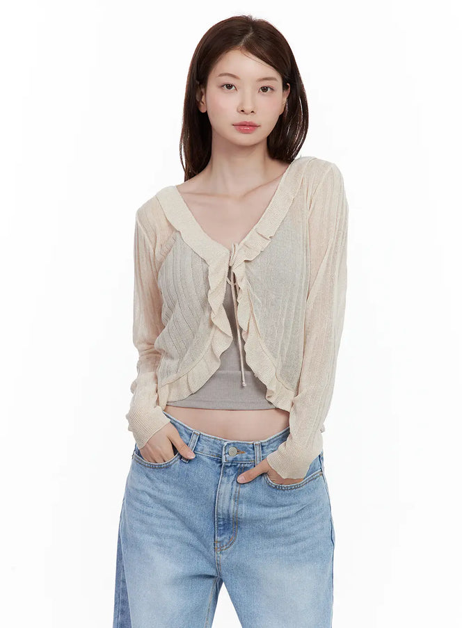 sheer-frill-tie-cardigan / Light beige