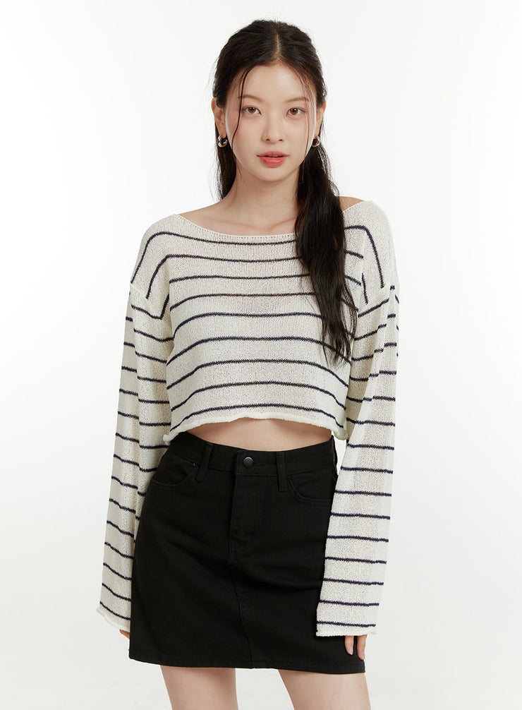 summer-boat-neck-stripe-crop-top-ou418 / Light beige