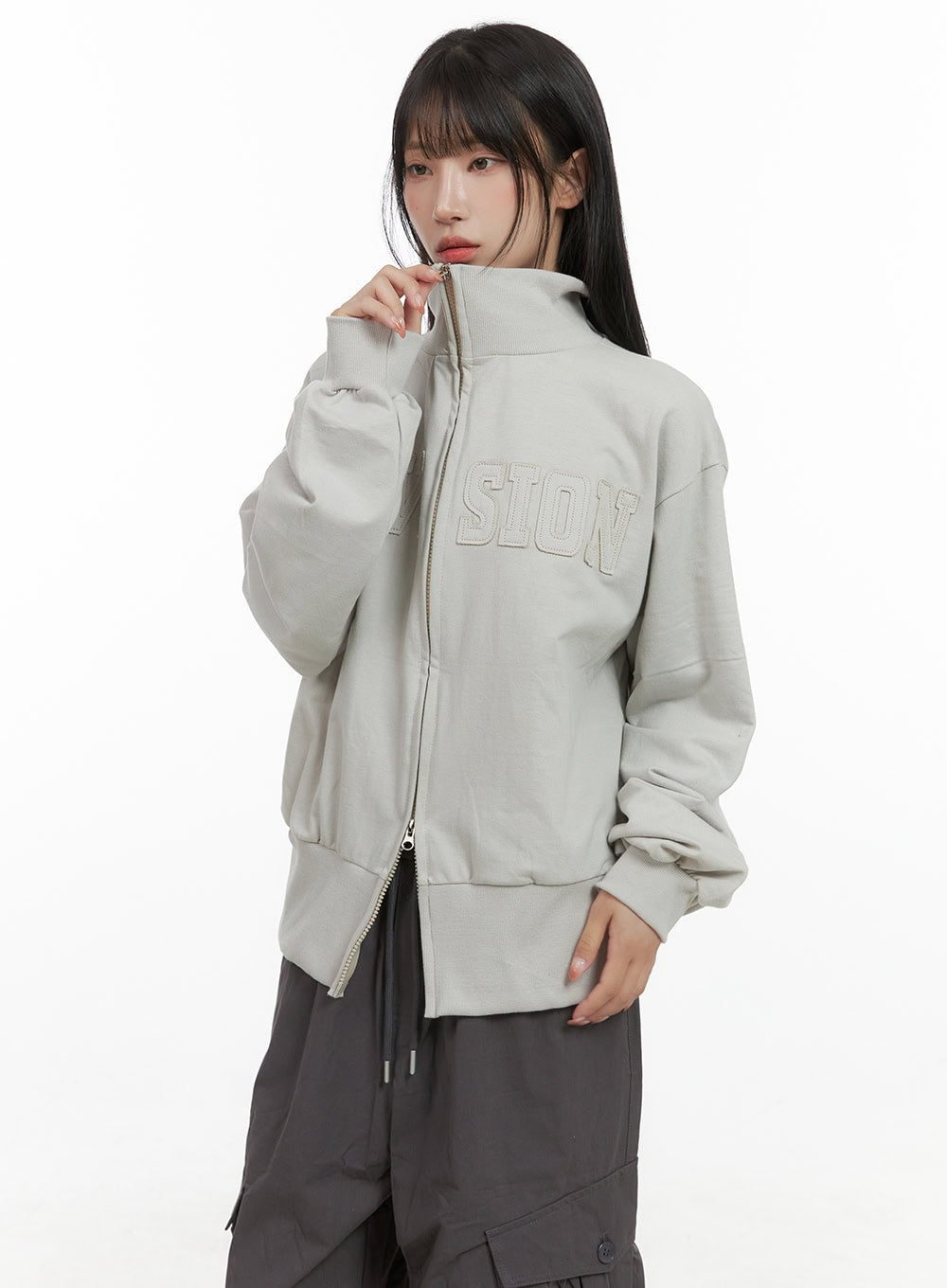 lettering-patch-zip-up-jacket-cs403 / Light beige