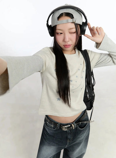 star-themed-layered-sleeve-top-im509 / Light beige