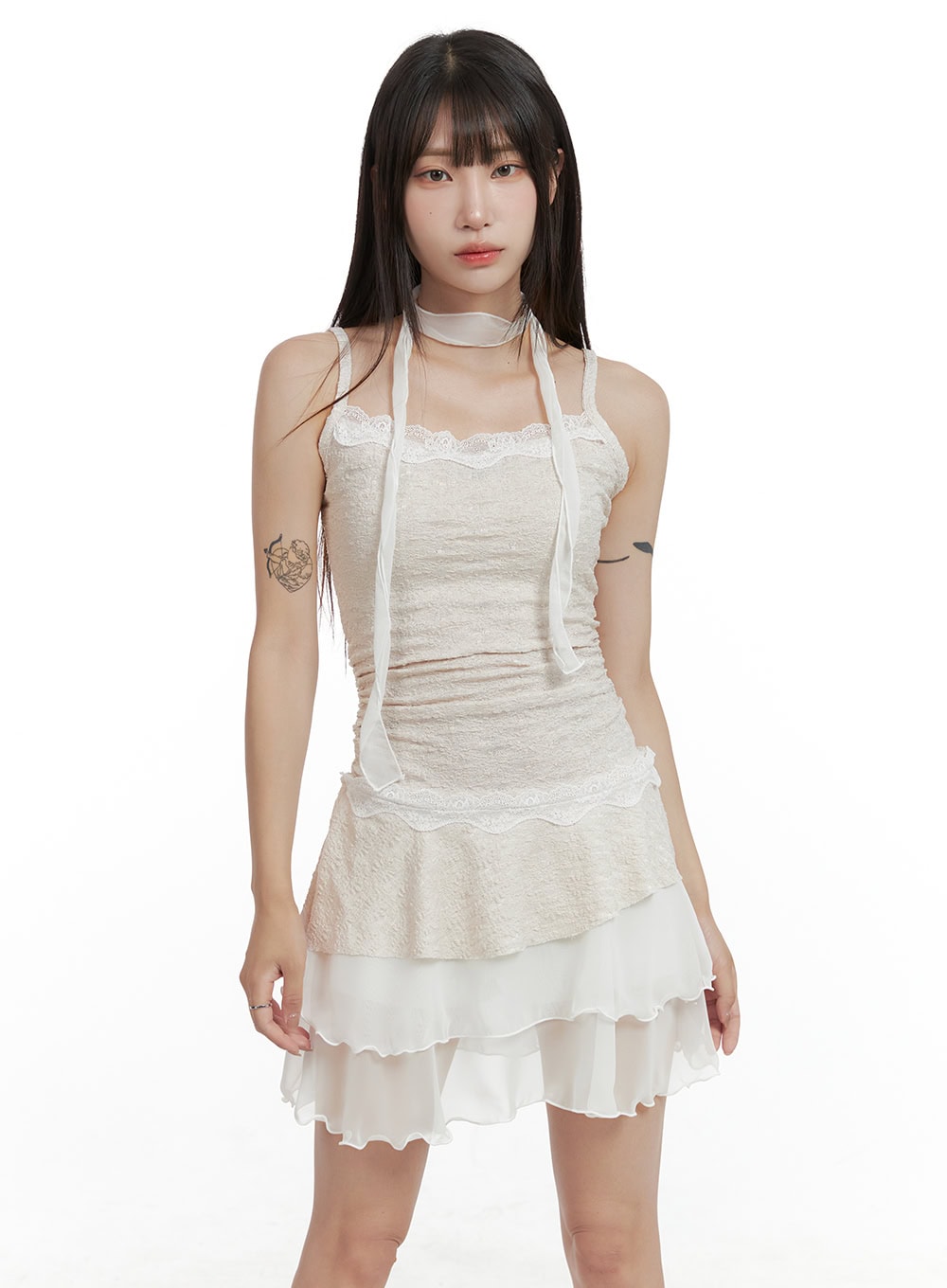 frill-lace-cami-mini-dress-with-thin-scarf-cl424 / Light beige