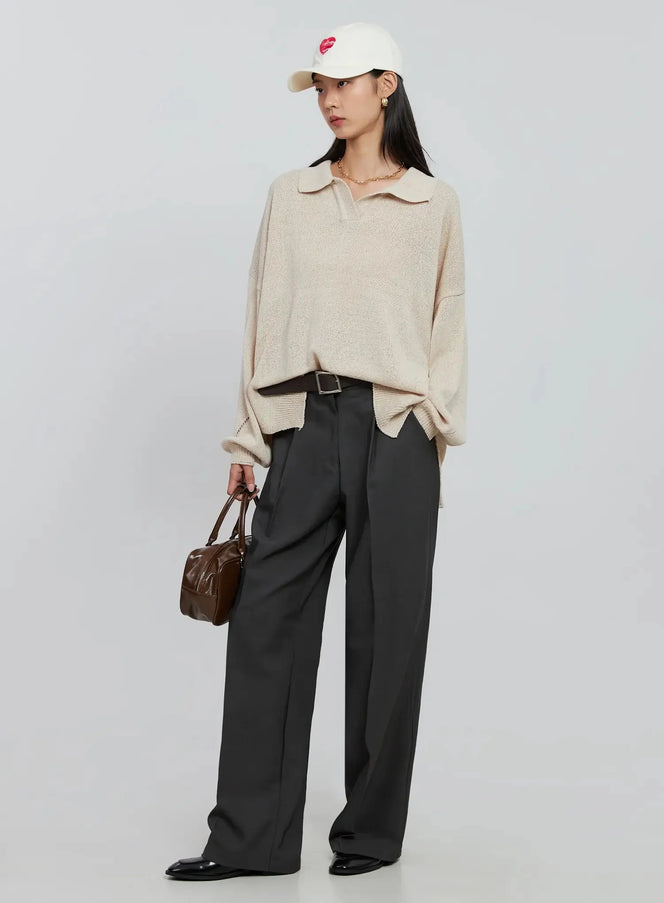 oversized-collar-knit-top-in507 / Light beige