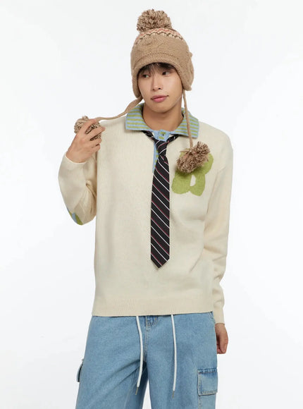 mens-graphic-collar-sweater-in506 / Light beige