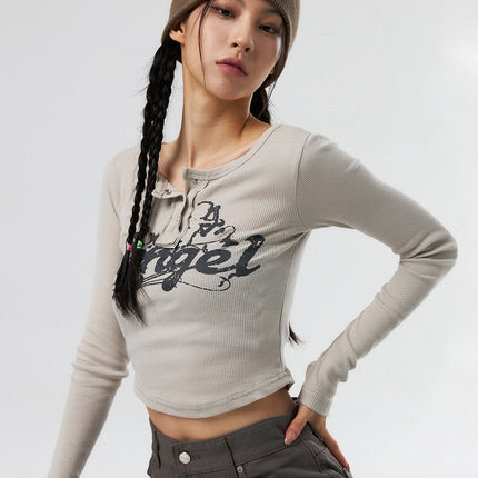 angle-button-snap-crop-tee-is327 / Light beige