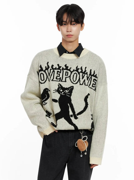 mens-oversized-graphic-knit-sweater-io517 / Light beige