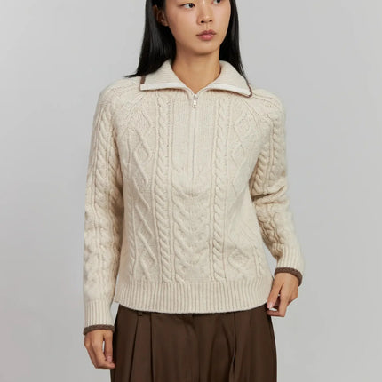 cable-knit-half-zip-sweater-ij505 / Light beige