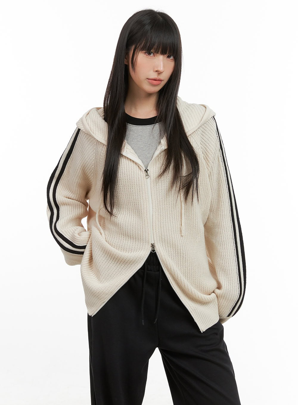 side-stripe-knit-sweater-jacket-cg420 / Light beige