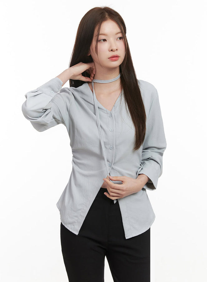 Slim-Fit Button-Down Blouse with Scarf IF505