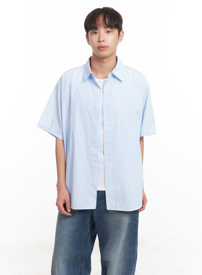 mens-short-sleeve-buttoned-striped-shirt-ia521 / Light blue