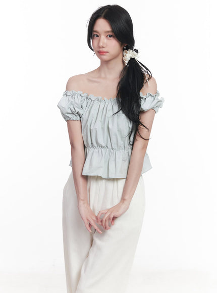 frill-puff-off-shoulder-crop-top-cy523 / Light blue