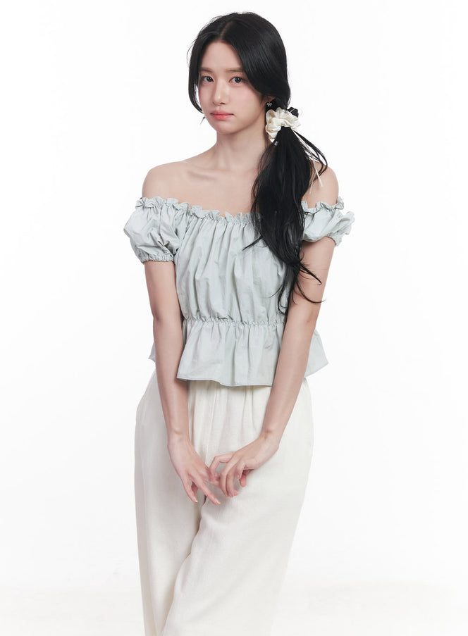 frill-puff-off-shoulder-crop-top-cy523 / Light blue