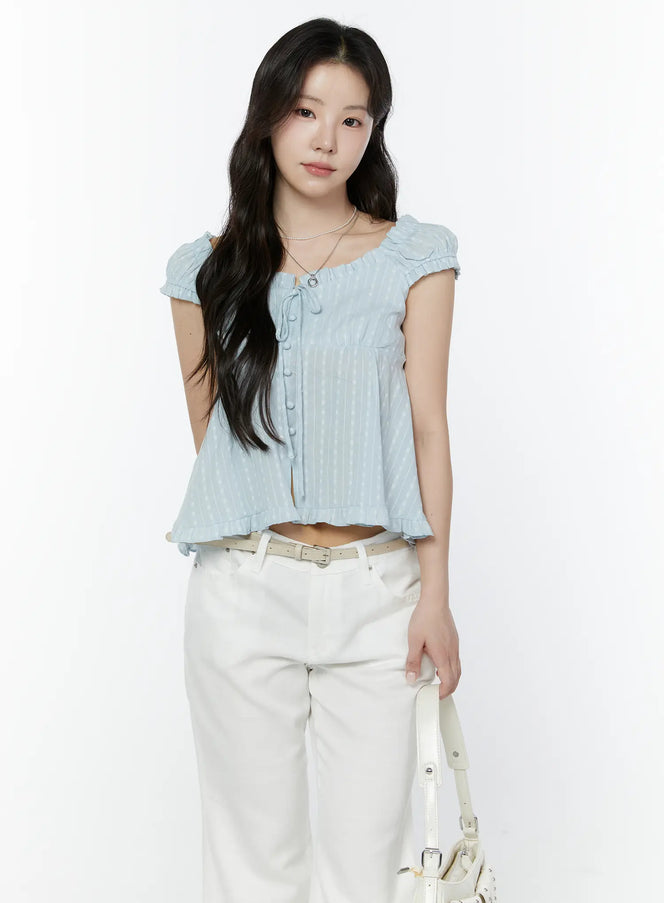 ruffled-off-shoulder-blouse-iy507 / Light blue