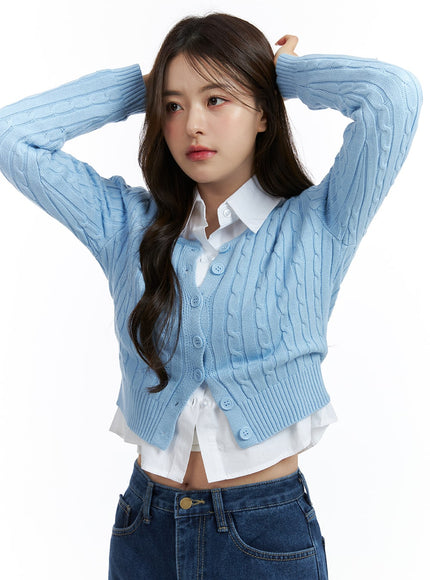 cable-knit-buttoned-crop-cardigan-oj416 / Light blue