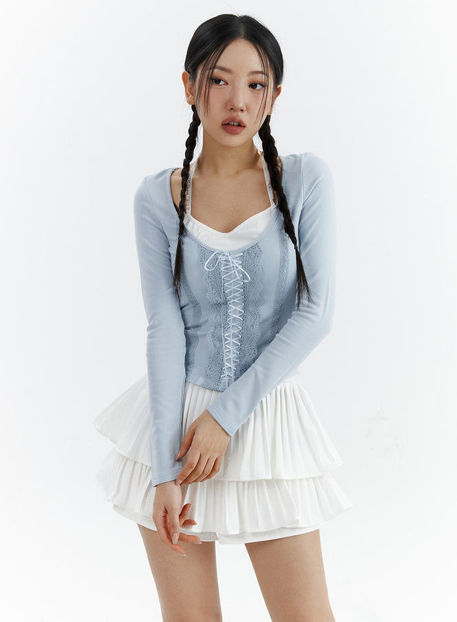 round-neck-lace-up-long-sleeve-cj423 / Light blue