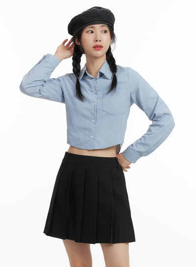 solid-collar-button-up-crop-top-om408 / Light blue