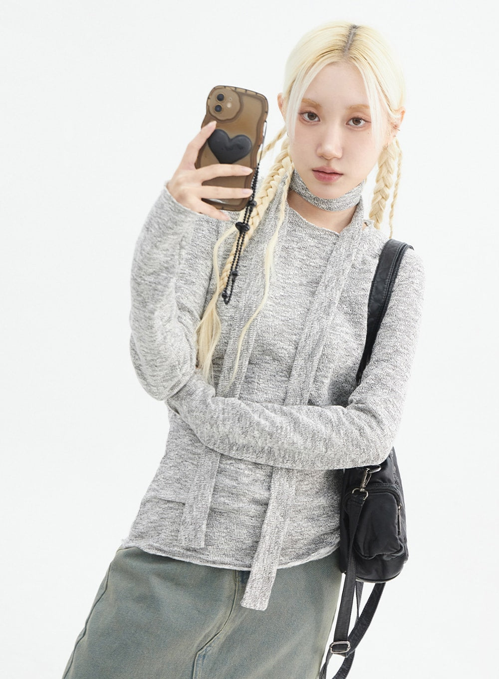 round-neck-knit-top-with-scarf-in327 / Light gray