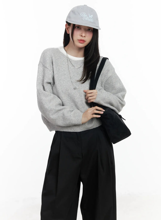 round-neck-knit-sweater-top-if520 / Light gray