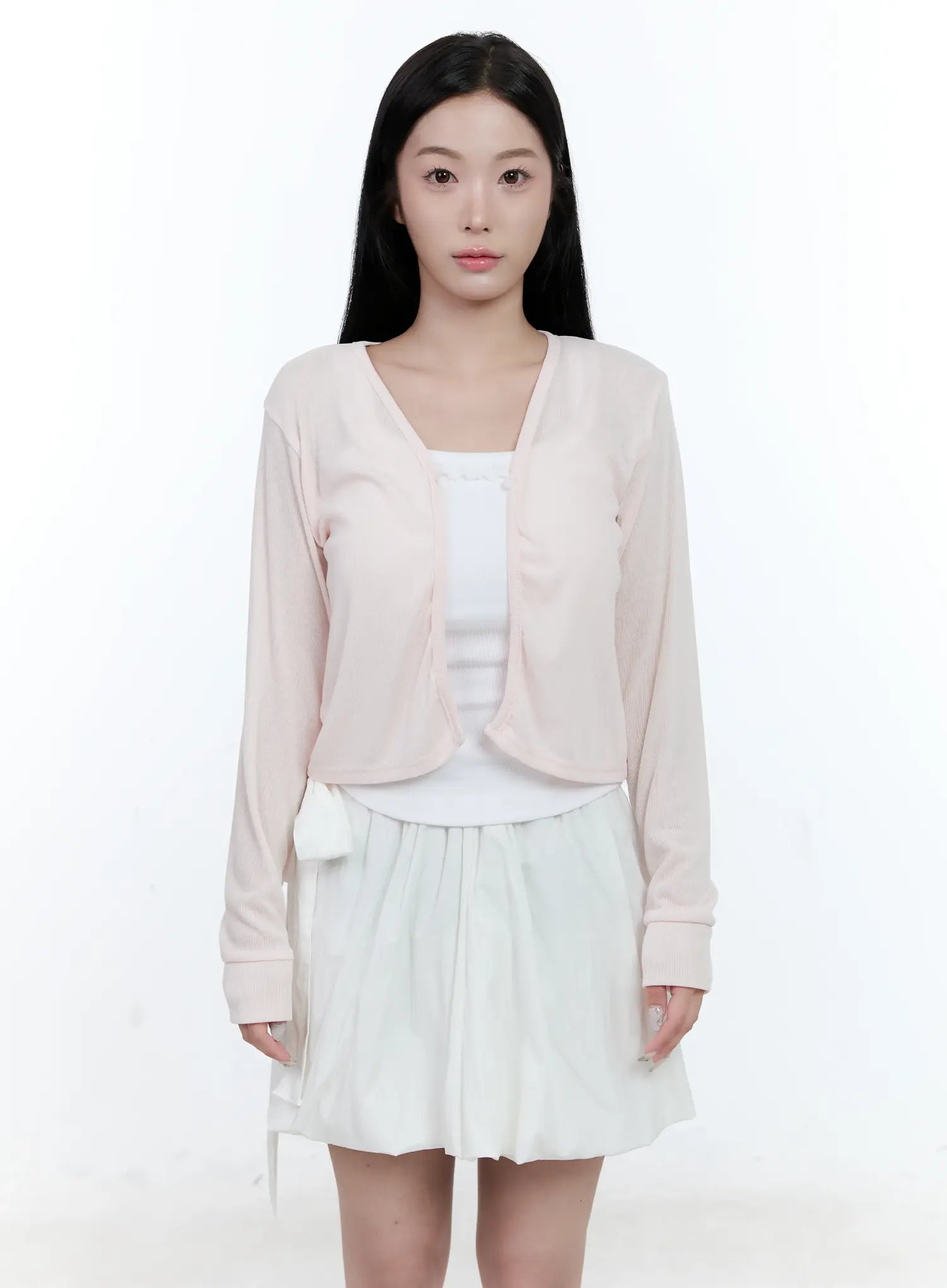 sheer-v-neck-basic-cardigan-cl530 / Light pink