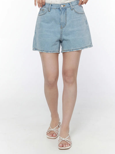 Washed Denim High-Waist Shorts IY507