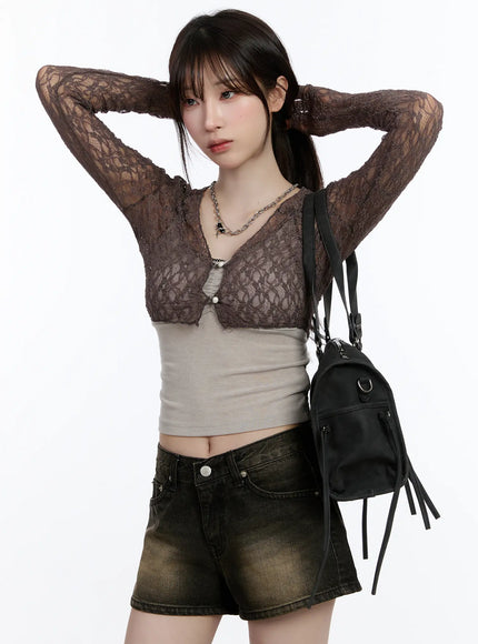 sheer-lace-crop-cardigan-ca503 / Mocha