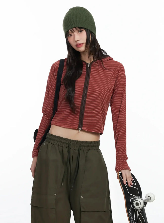 slim-fit-striped-zip-up-hoodie-f516 / Orange