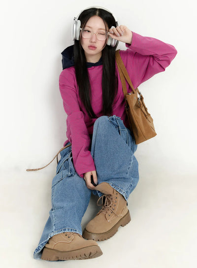 two-tone-striped-oversized-hoodie-cm511 / Pink