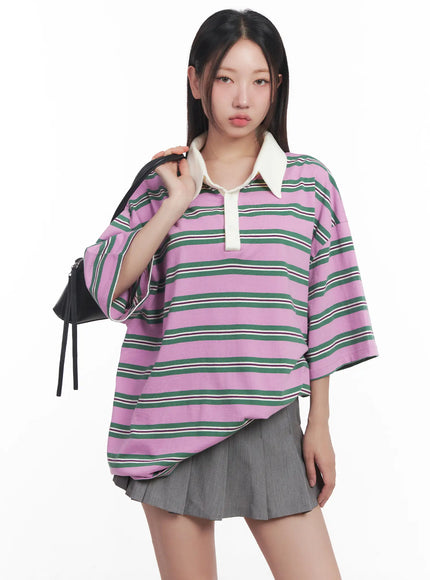 oversized-striped-polo-shirt-cu517 / Pink