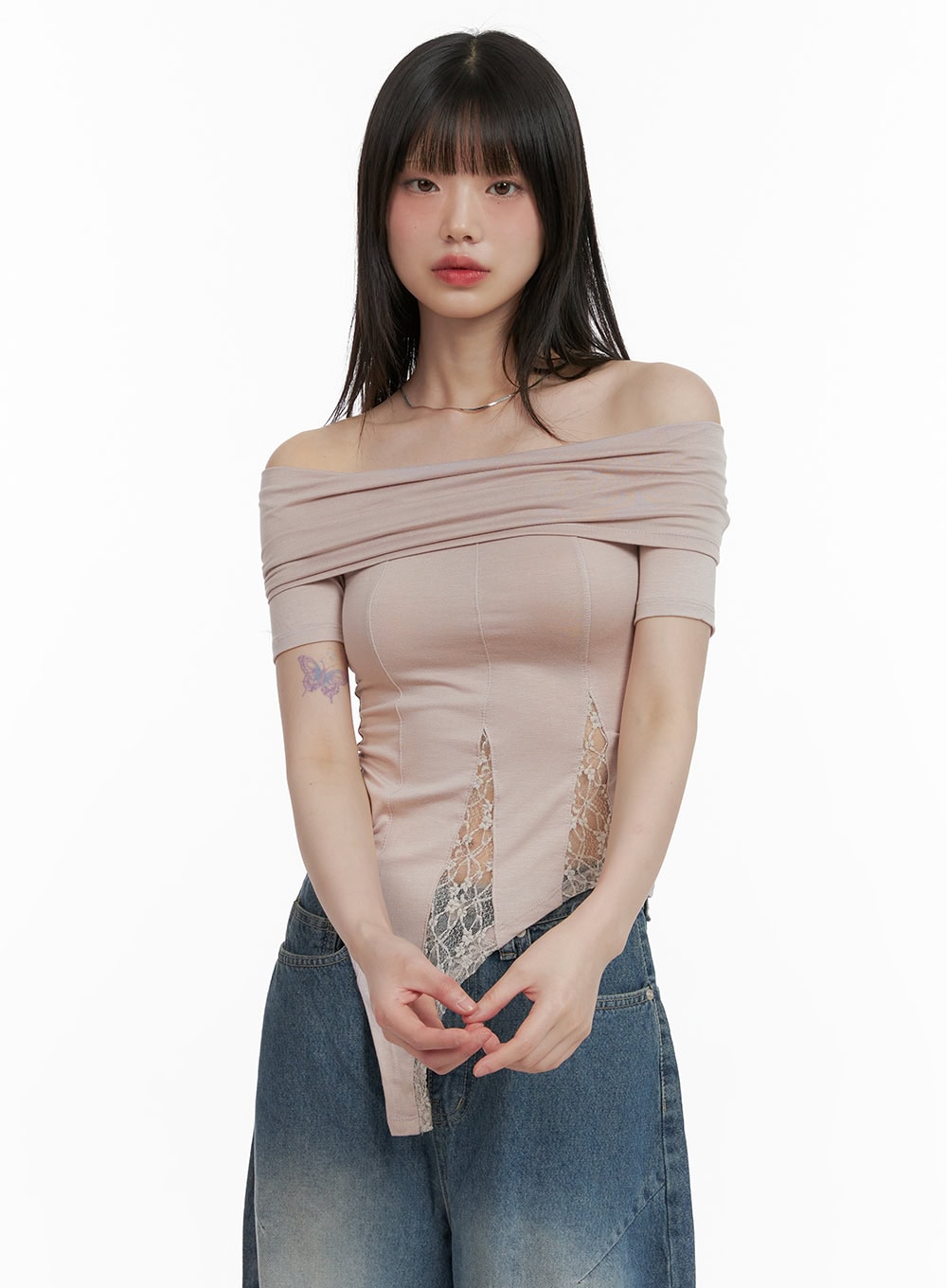 lace-patched-off-shoulder-top-cy428 / Pink