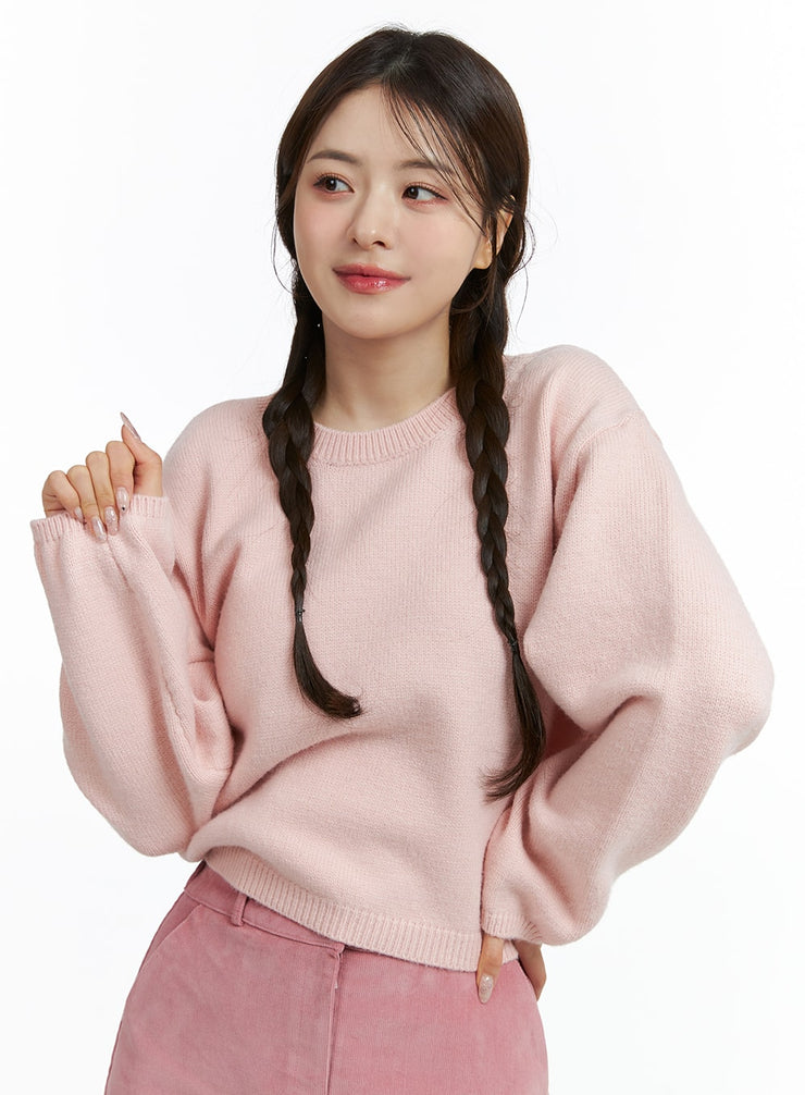 round-neck-knitted-long-sleeve-sweater-oj415 / Pink