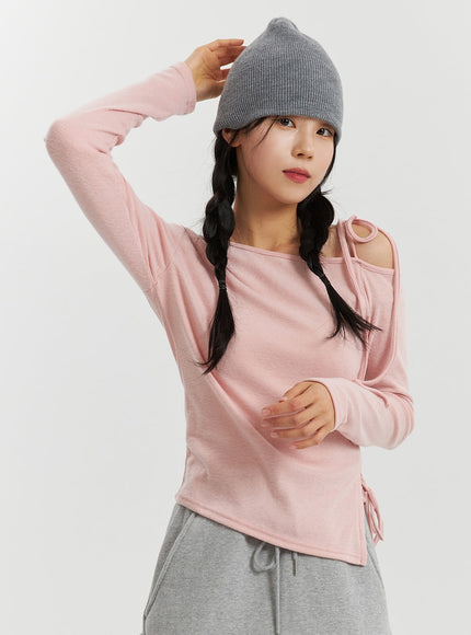 rib-and-shoulder-asymmetrical-drawstring-tee-od320 / Pink