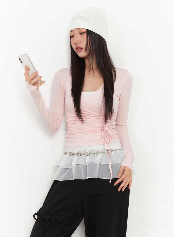 wrap-shirred-long-sleeve-crop-top-ia524 / Pink