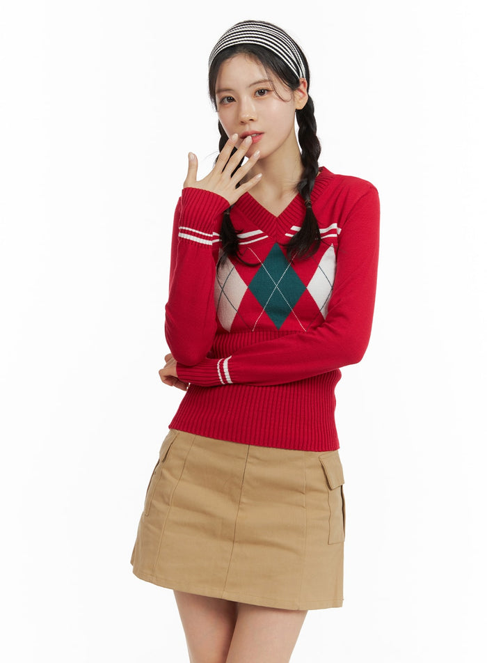slim-fit-argyle-knit-sweater-om420 / Red