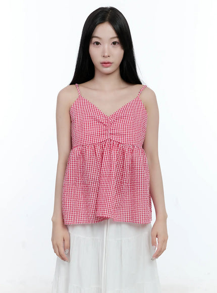 gingham-shirred-strap-blouse-cl530 / Red