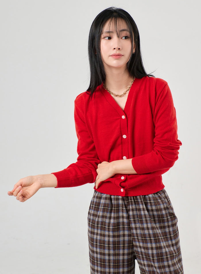 buttoned-v-neck-cardigan-of406 / Red
