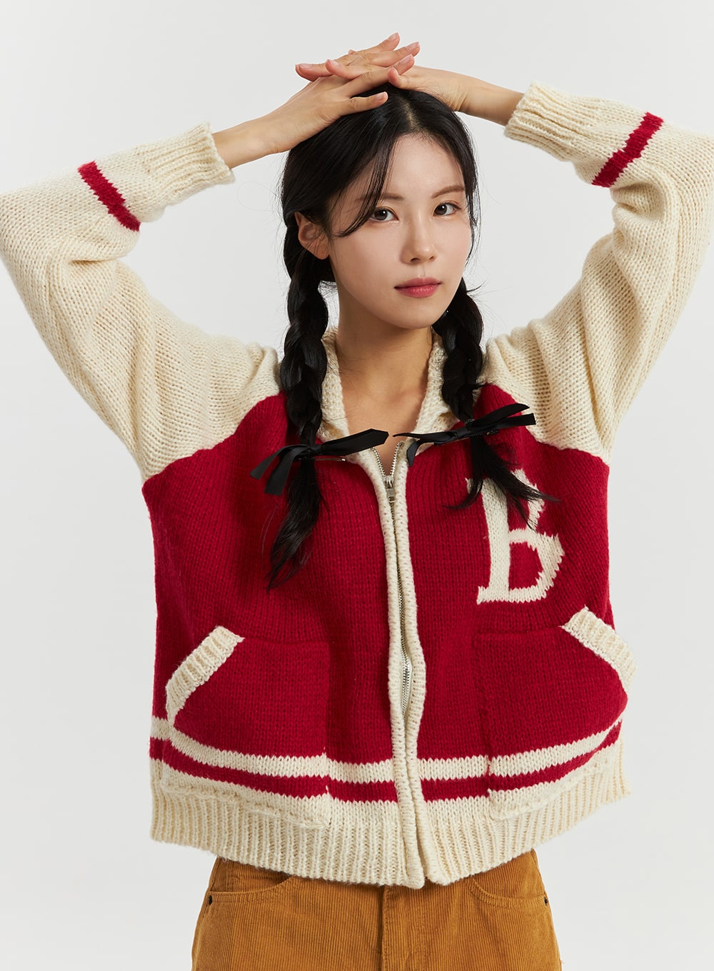 two-tone-graphic-lettering-knit-baseball-jacket-od320 / Red