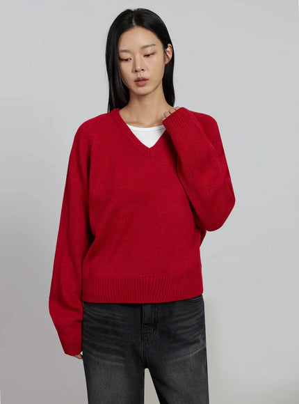 v-neck-oversized-knit-sweater-im520 / Red