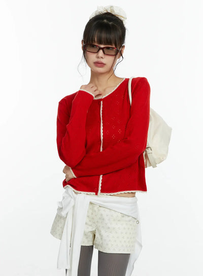 contrast-pointelle-lace-trim-cardigan-cf509 / Red