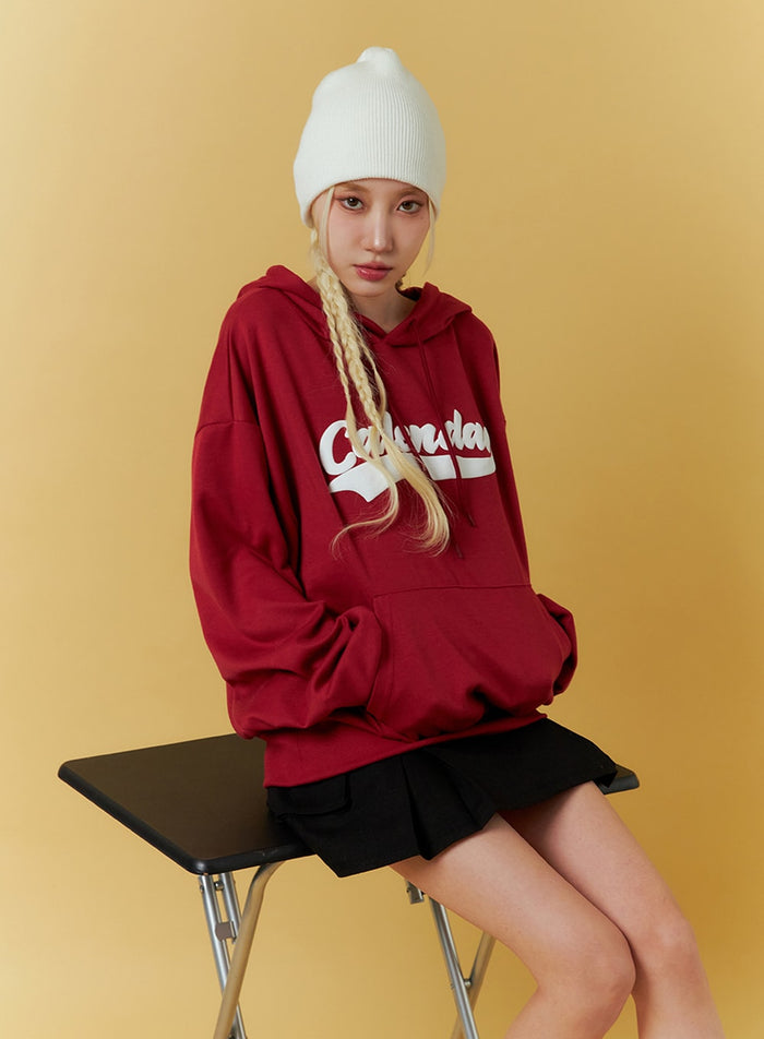 oversized-graphic-lettering-hoodie-if408 / Red