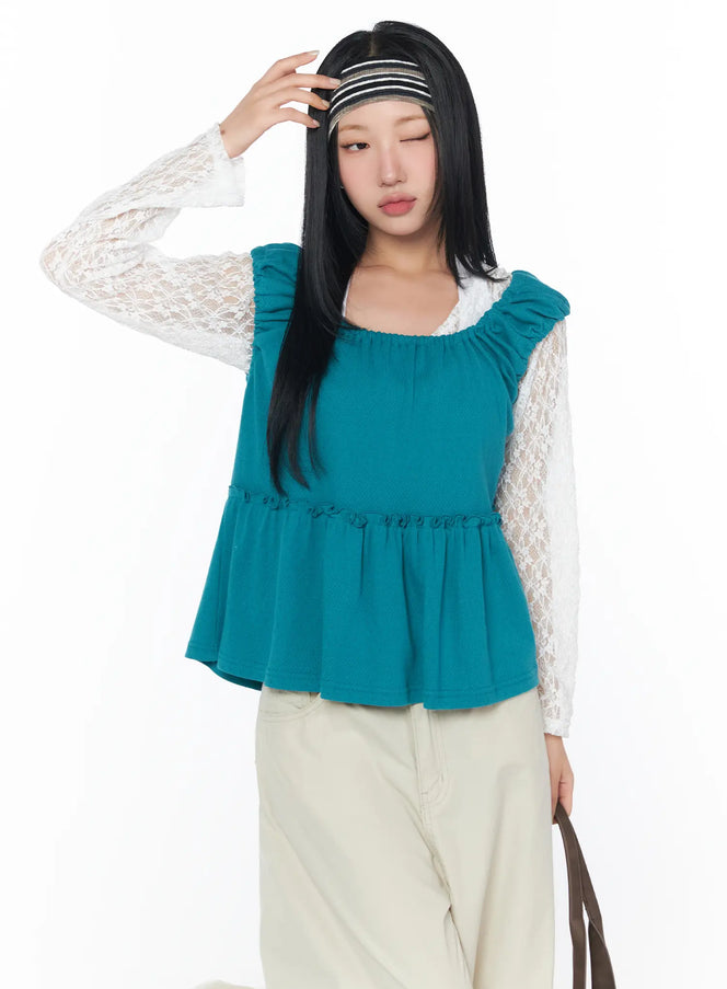 puff-sleeve-shirred-blouse-cy512 / Sea Green