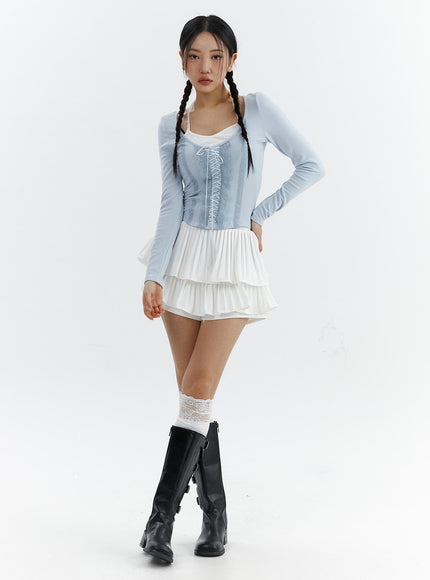 shirred-ruffle-mini-skirt-cj423 / White