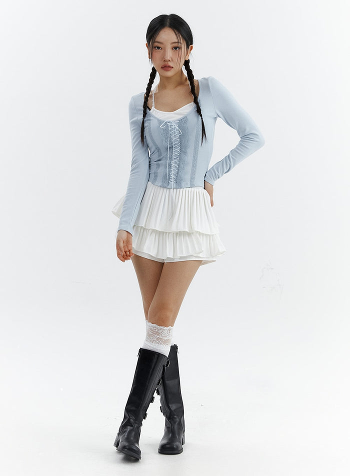 shirred-ruffle-mini-skirt-cj423 / White