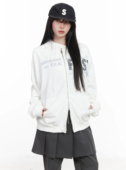 oversized-graphic-zip-up-hoodie-cf523 / White