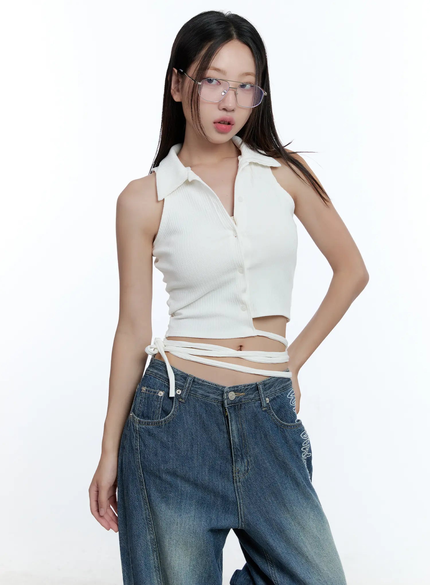 asymmetric-buttoned-collared-tank-top-cu527 / White