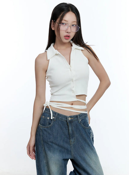 asymmetric-buttoned-collared-tank-top-cu527 / White