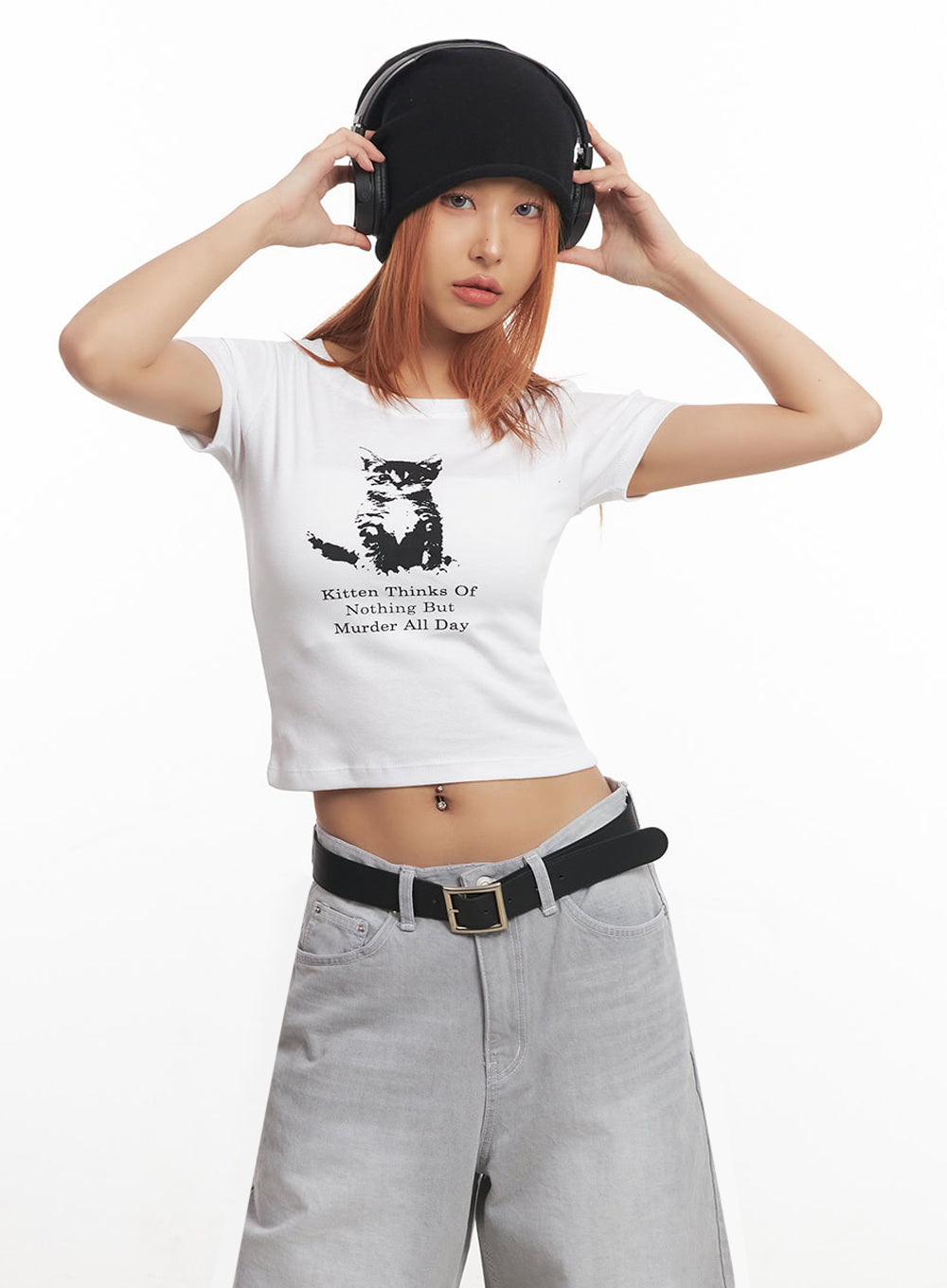 cat-graphic-crop-top-ia515 / White