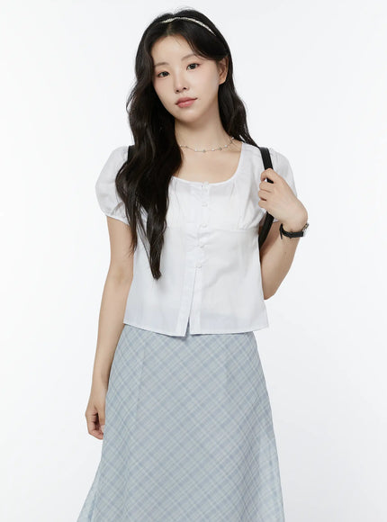 puff-sleeve-shirred-button-blouse-iy507 / White
