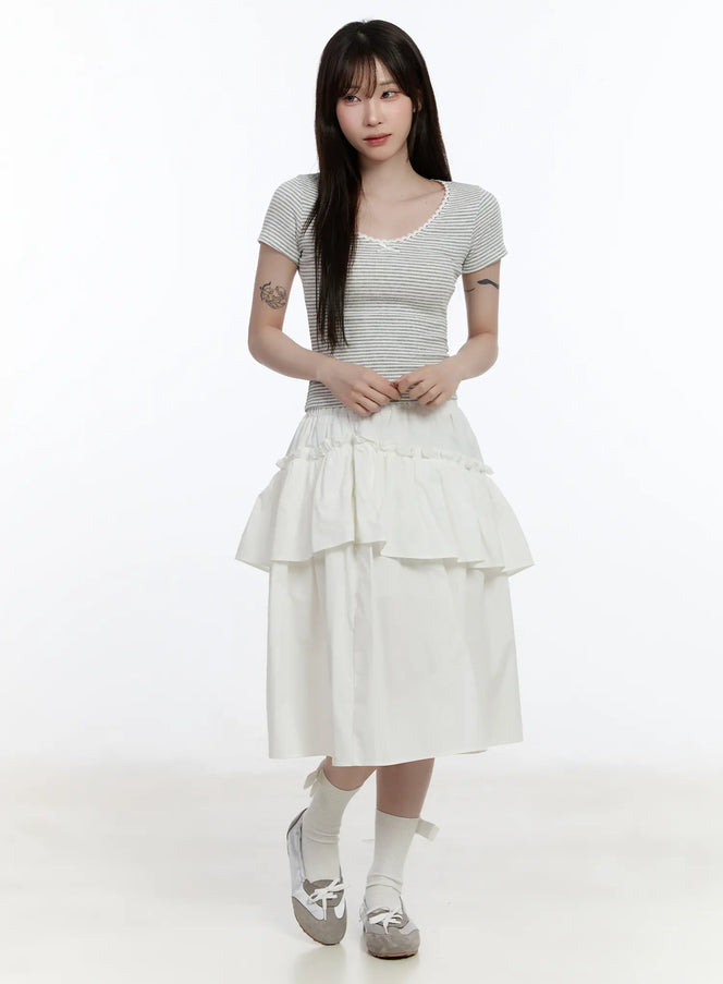 ruffled-tiered-midi-skirt-ca503 / White
